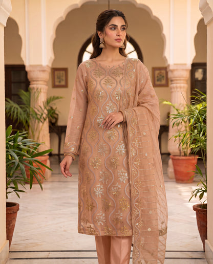 Embroidered Chiffon Style Zari Masuri Cotton Net Ensemble
