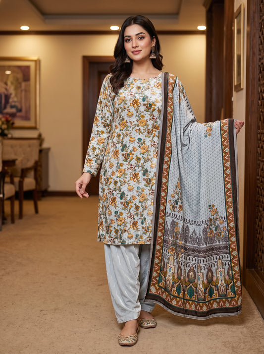 Unstitched Velvet Winter Suit | Micro Phoenix Print 3-Piece Set