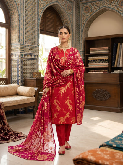 Luxury Floral Print Silk Suit | 3-Piece Unstitched