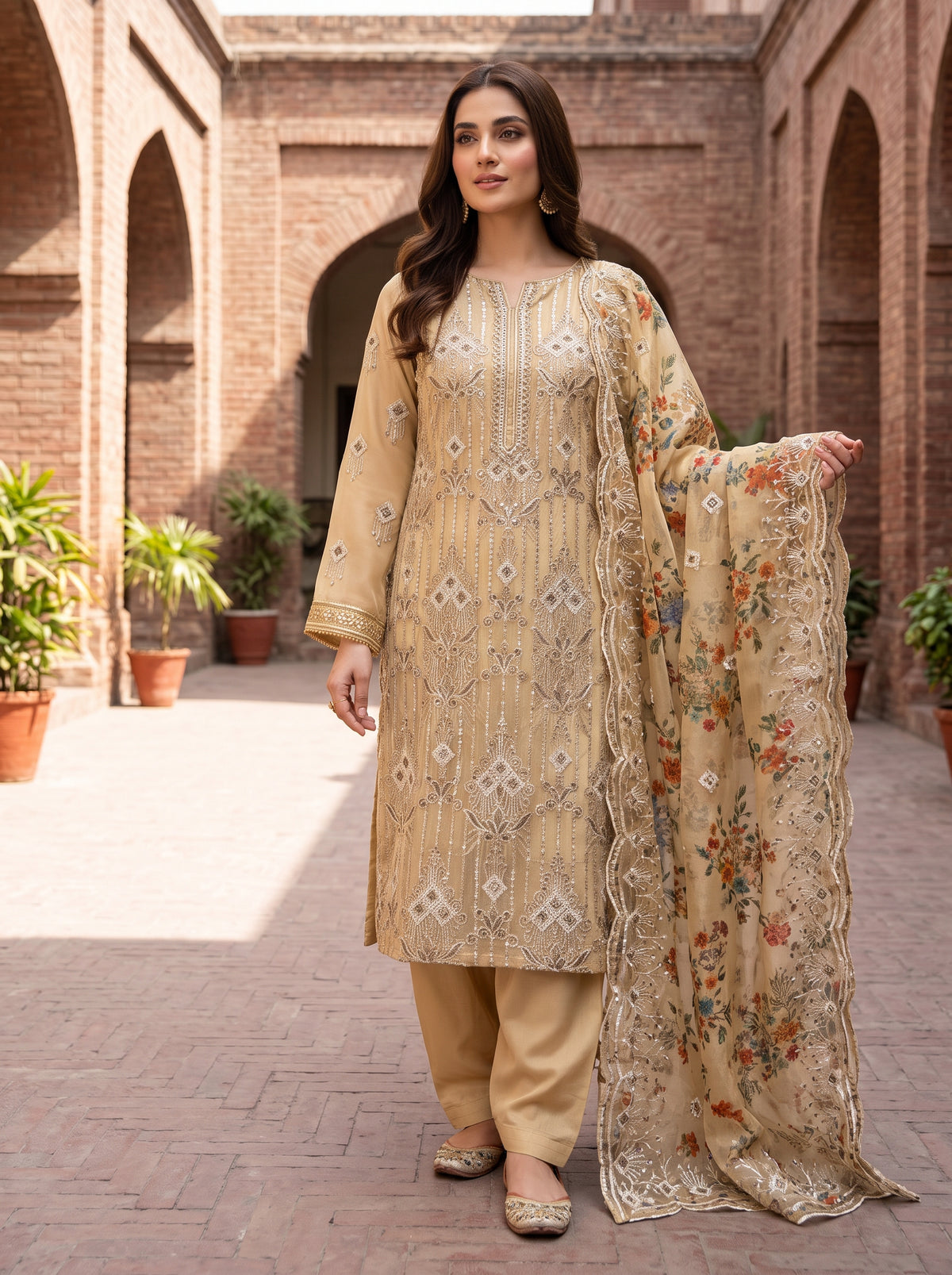 3 Piece Unstitched Zari Masuri Cotton Net Suit with Plain Silk Trouser