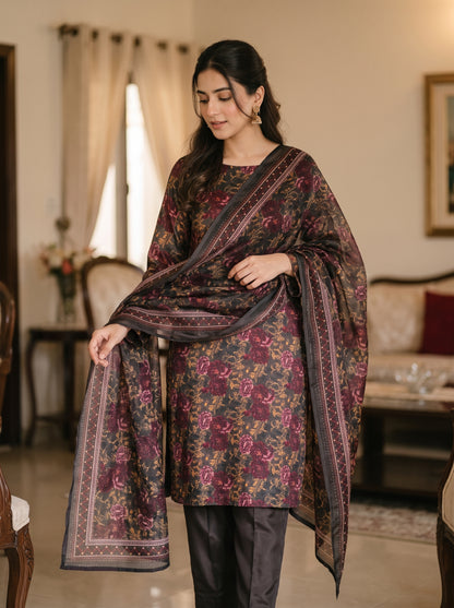 Unstitched Printed Silk Three-Piece Ensemble