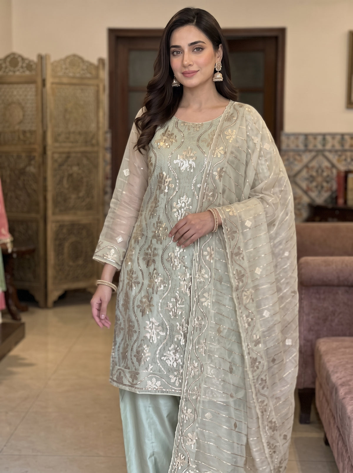 Handcrafted Zari Measuri Cotton Net 3-Piece Unstitched Ensemble