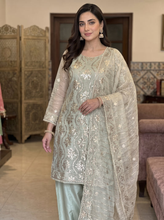 Handcrafted Zari Measuri Cotton Net 3-Piece Unstitched Ensemble