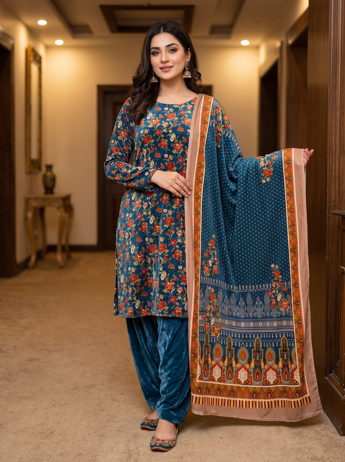 Elegant Micro Phoenix Velvet Unstitched 3-Piece Winter Suit