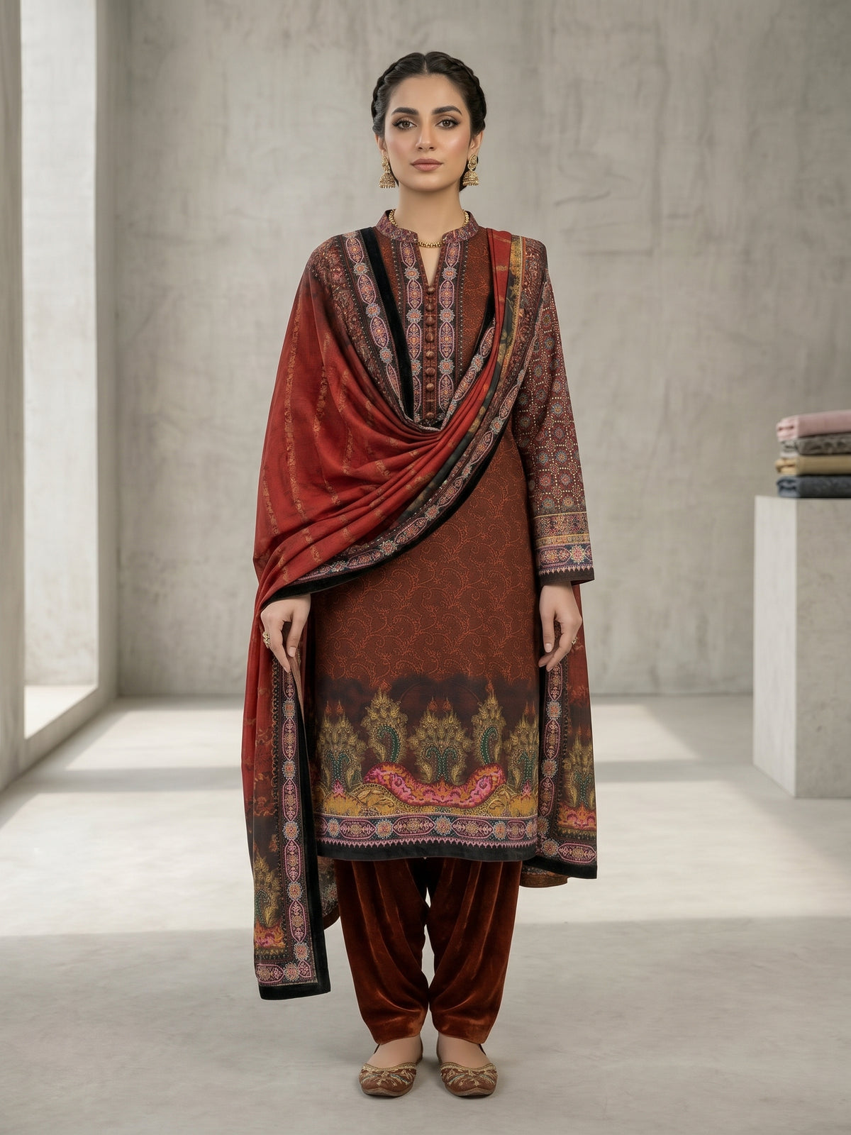 Premium 3-Piece Unstitched Micro Phoenix Velvet Suit | Printed Shirt & Dupatta