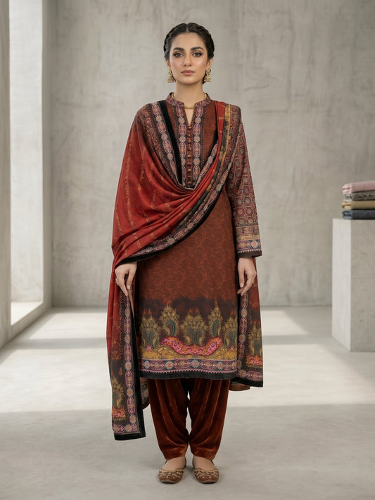 Premium 3-Piece Unstitched Micro Phoenix Velvet Suit | Printed Shirt & Dupatta