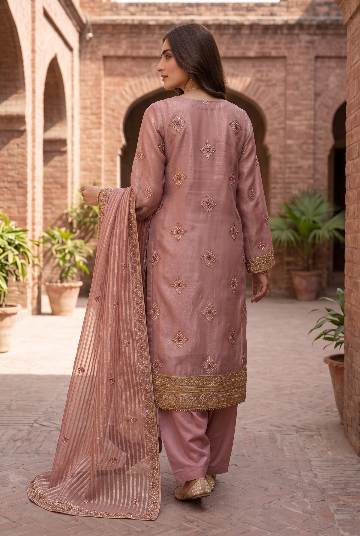 Unstitched 3 Piece Zari Cotton Net Dress with Silk Trouser