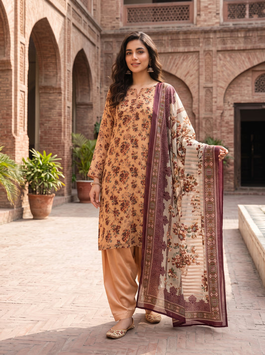 Peach Floral Barosha Silk 3-Piece Unstitched Suit | Sale