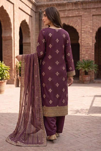 Embroidered Style Unstitched Zari Cotton Net 3 Piece with Plain Silk Trouser