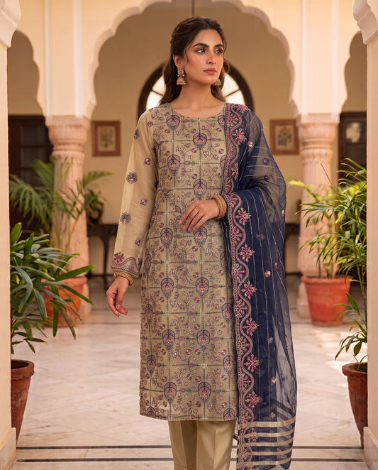 Exquisite 3-Piece Unstitched Zari Measuri Cotton Net Suit with Plain Silk Trouser