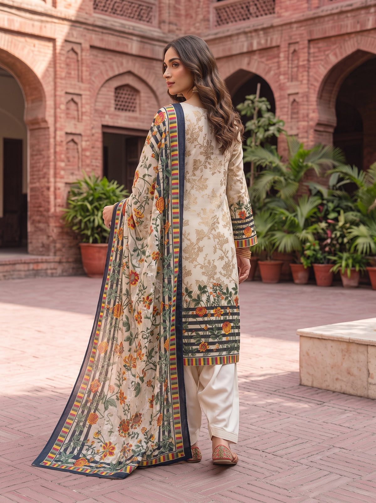 Off-White Floral Barosha Silk 3-Piece Unstitched Suit | Sale