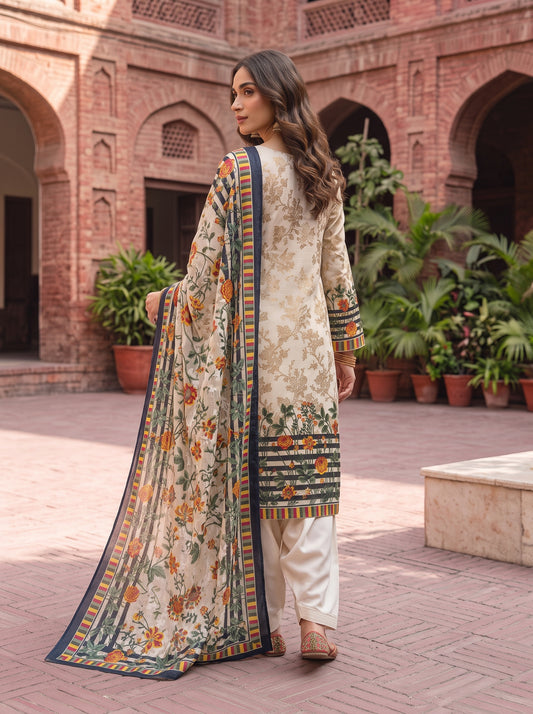 Off-White Floral Barosha Silk 3-Piece Unstitched Suit | Sale