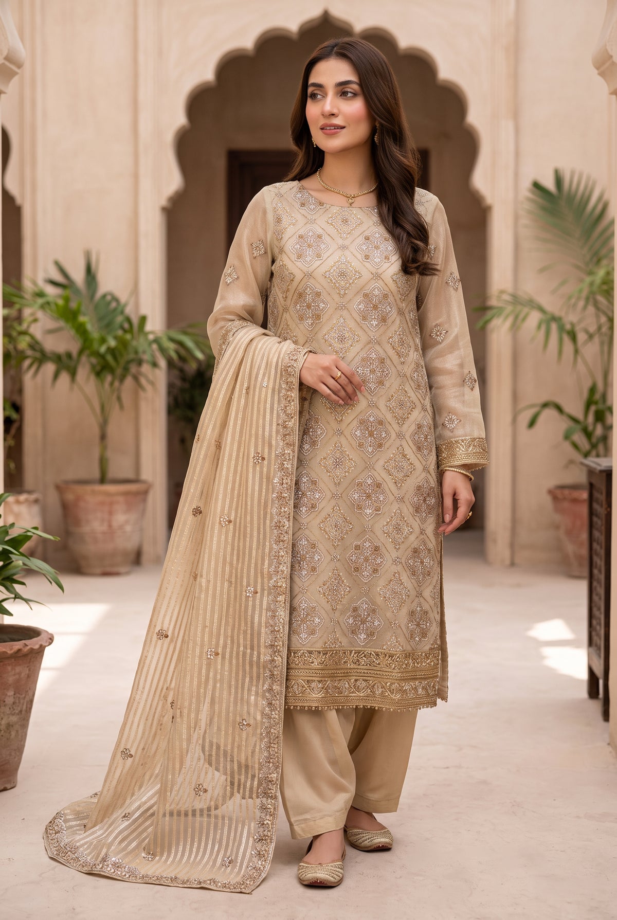 3 Piece Unstitched Zari Measuri Cotton Net Suit with Plain Silk Trouser