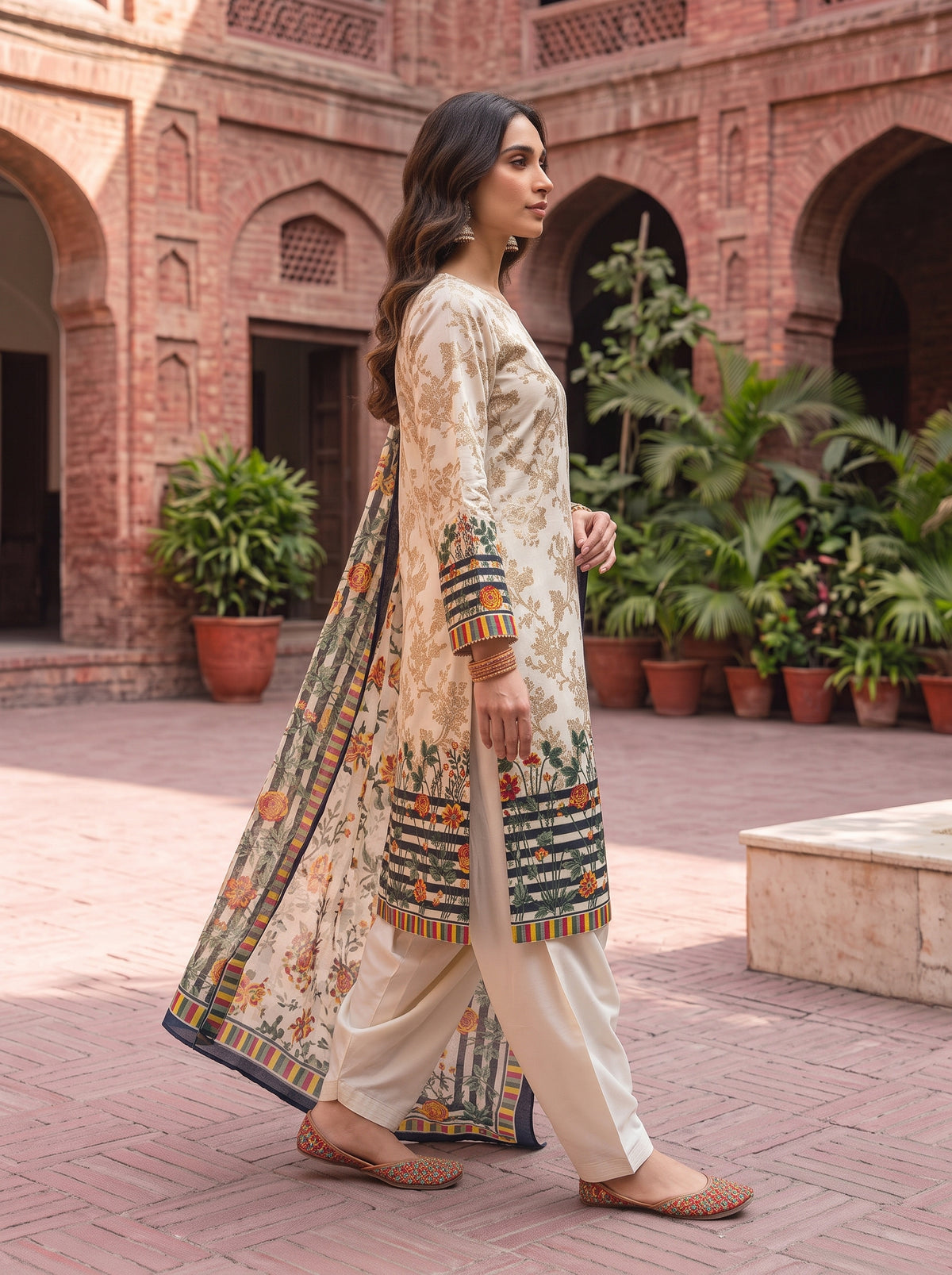 Off-White Floral Barosha Silk 3-Piece Unstitched Suit | Sale