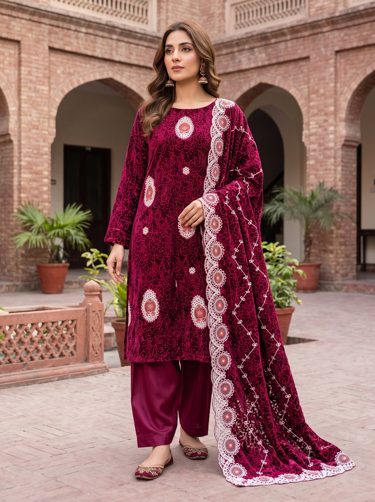 Burgundy Magenta Embroidered 3 Piece Unstitched Suit | Luxury Formal Wear
