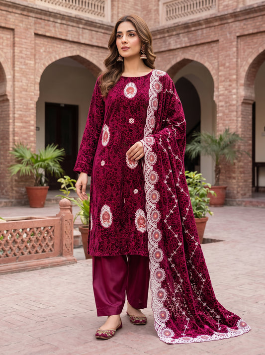 Burgundy Magenta Embroidered 3 Piece Unstitched Suit | Luxury Formal Wear