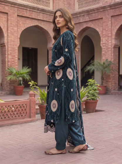 Deep Slate-Teal Embroidered 3 Piece Unstitched Suit | Luxury Formal Wear