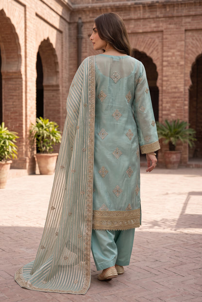 Zari Measuri Cotton Net Unstitched 3-Piece Outfit with Silk Trouser