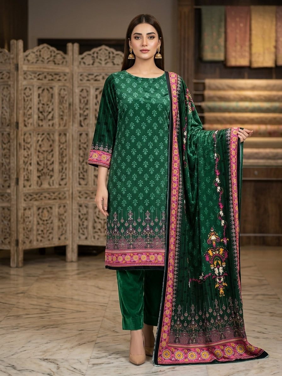 3-Piece Unstitched Micro Phoenix Print Velvet Suit – Deep Emerald Green