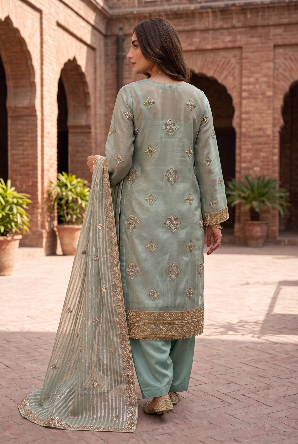 Traditional 3 Piece Unstitched Zari Cotton Net Suit with Silk Bottoms