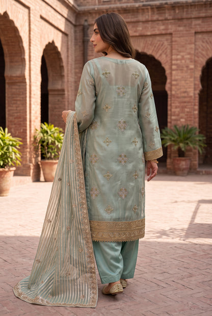 Traditional 3 Piece Unstitched Zari Cotton Net Suit with Silk Bottoms