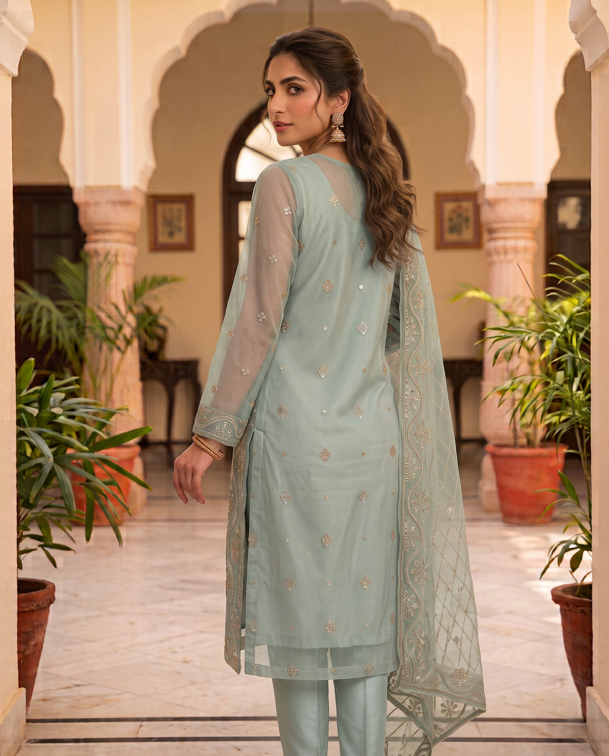 Elegant 3PC Zari Masuri Cotton Net Set with Silk Trouser