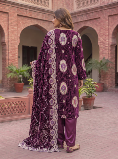 Deep Magenta-Plum Embroidered 3 Piece Unstitched Suit | Luxury Formal Wear