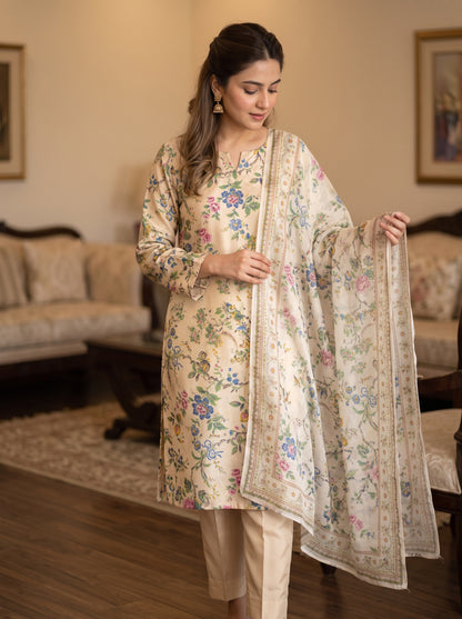 Premium Three-Piece Unstitched Printed Silk Suit