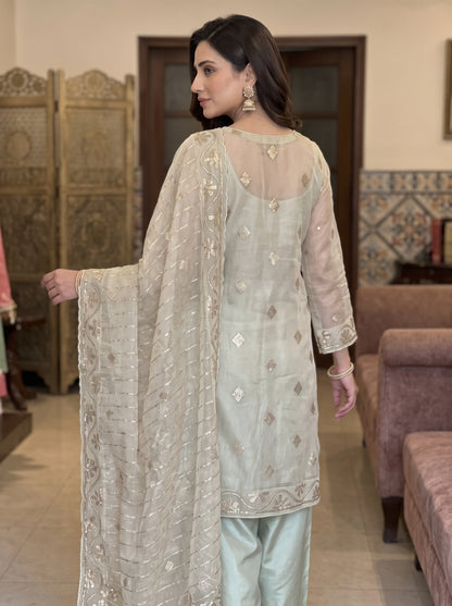 Handcrafted Zari Measuri Cotton Net 3-Piece Unstitched Ensemble