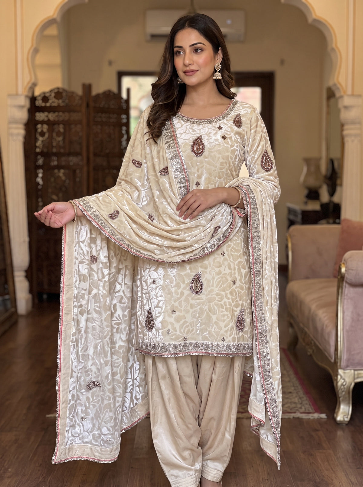 Heavy Embroidered Palachi Kurta Set with Silk Bottoms