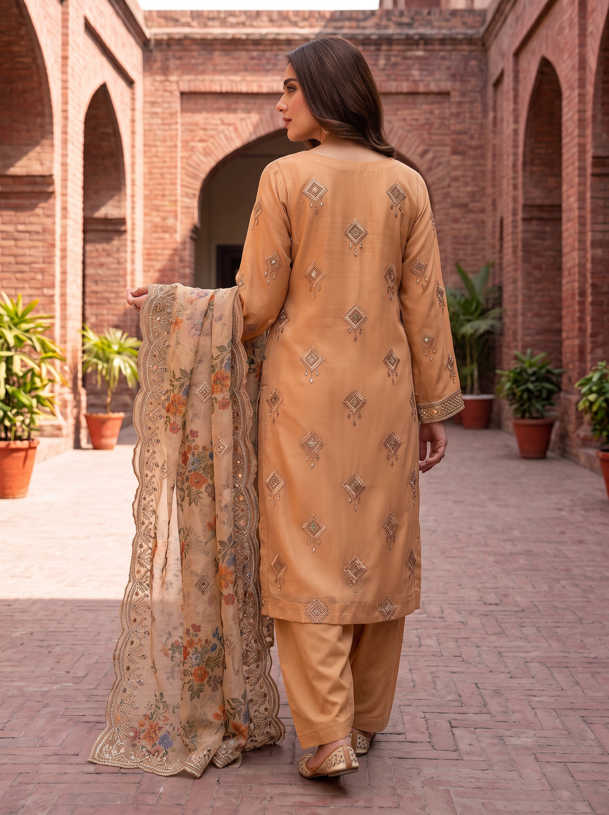 Traditional Unstitched Zari Masuri Cotton Net Suit – Maroon/Gold Accents