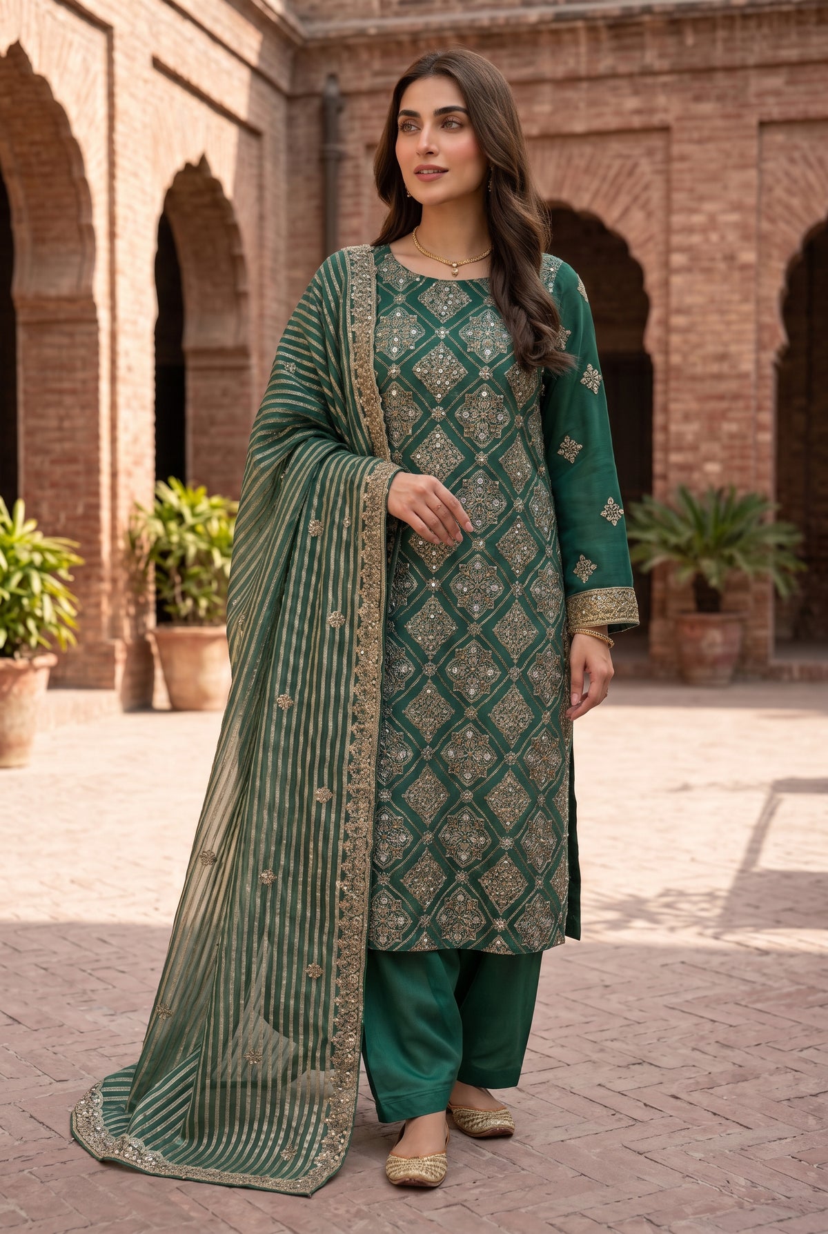 Exclusive 3 Piece Unstitched Zari Measuri Cotton Net Ensemble