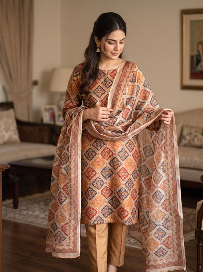 Premium 3-Piece Unstitched Print Shamoz Silk Suit