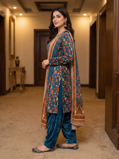 Elegant Micro Phoenix Velvet Unstitched 3-Piece Winter Suit