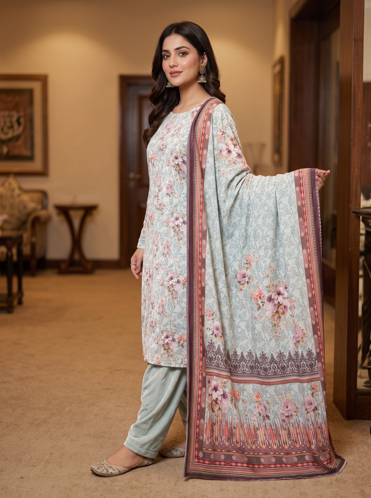 Regal 3-Piece Unstitched Printed Velvet Suit for Women