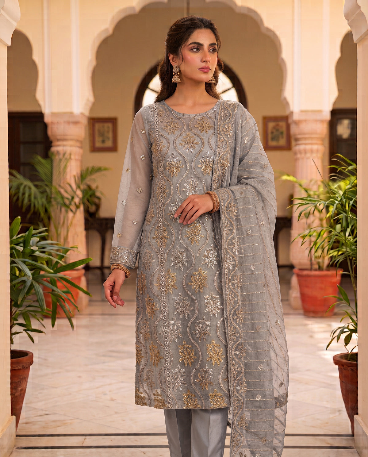 Unstitched Zari Masuri Cotton Net 3-Piece Festive Wear