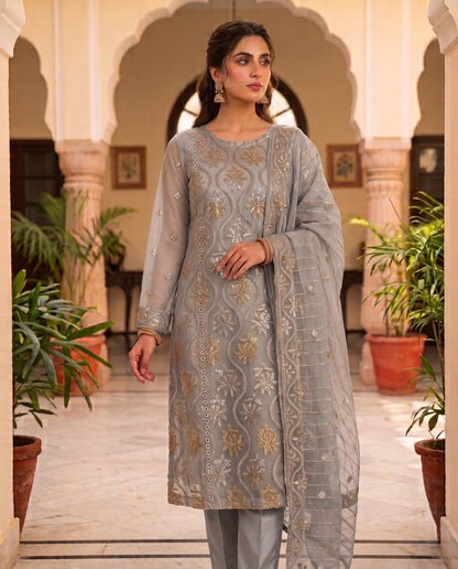 Unstitched Zari Masuri Cotton Net 3-Piece Festive Wear