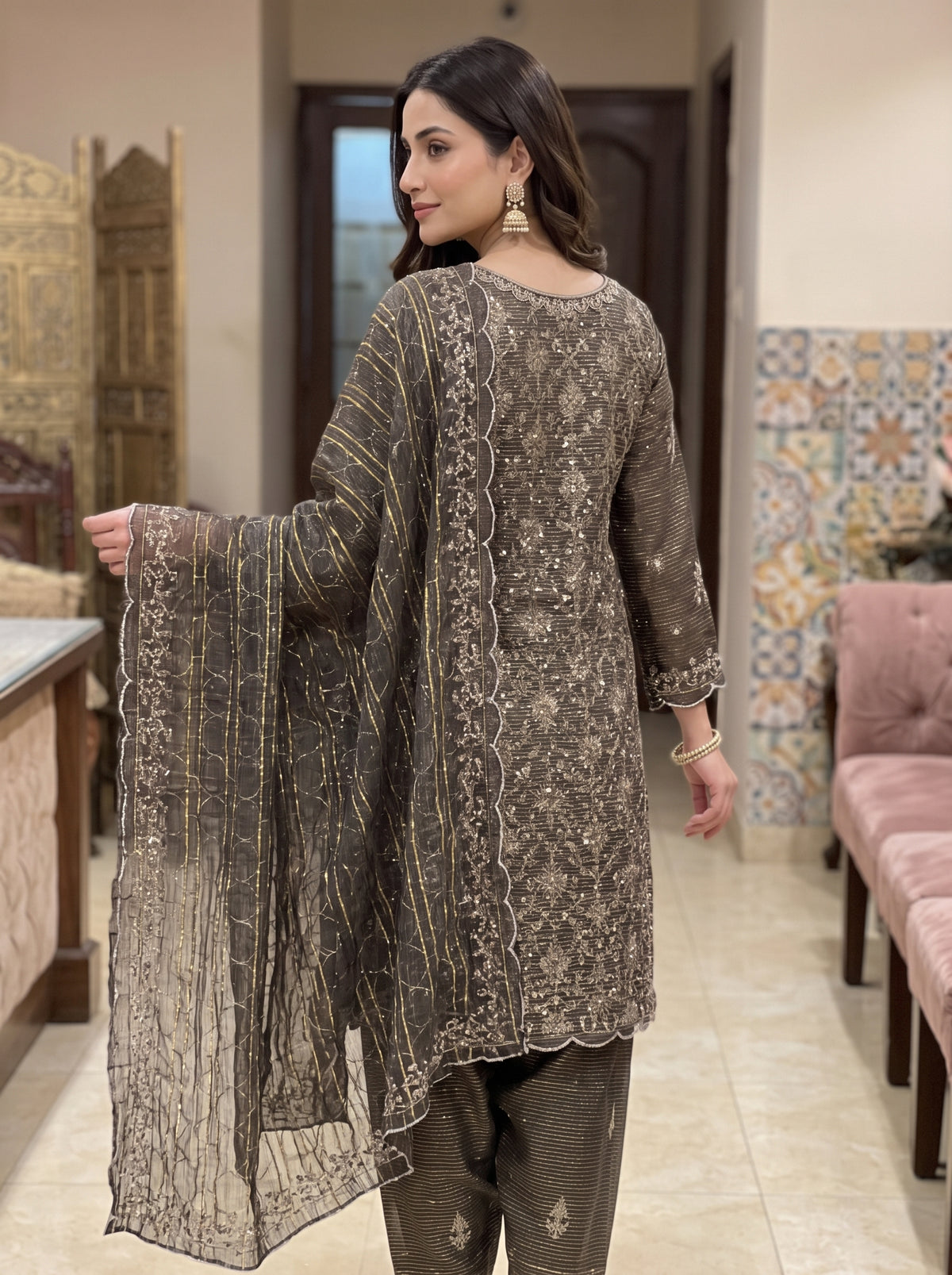 Festive 3Pc Unstitched Zari Measuri Net Outfit with Silk Bottoms
