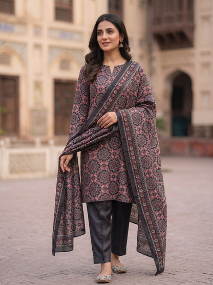 Luxury 3 Piece Unstitched Printed Silk Set