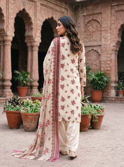 Off-White & Maroon Floral Barosha Silk 3-Piece Unstitched Suit