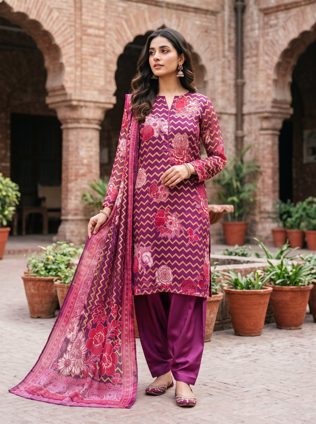 Purple Chevron Floral Barosha Silk 3-Piece Unstitched Suit | Sale