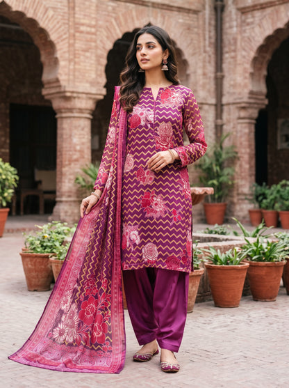 Purple Chevron Floral Barosha Silk 3-Piece Unstitched Suit | Sale