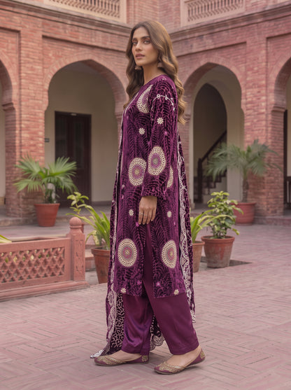 Deep Magenta-Plum Embroidered 3 Piece Unstitched Suit | Luxury Formal Wear
