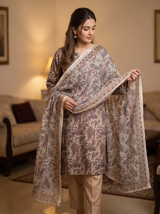 Premium 3 Piece Unstitched Printed Silk Outfit