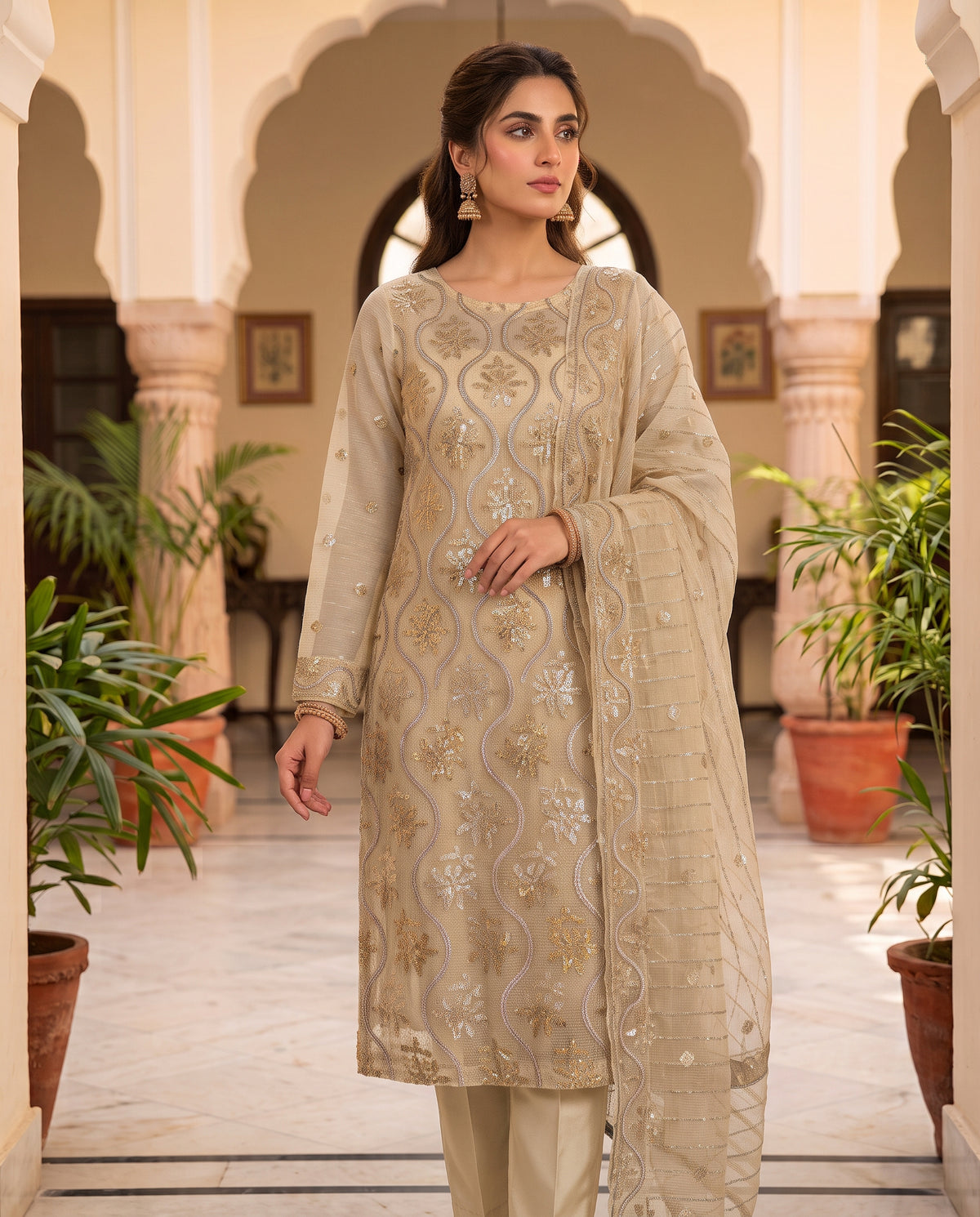 Luxury Unstitched 3-Piece Zari Masuri Suit | Plain Silk Bottom
