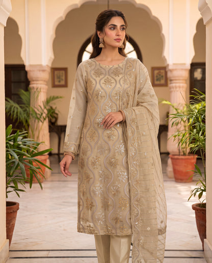 Luxury Unstitched 3-Piece Zari Masuri Suit | Plain Silk Bottom