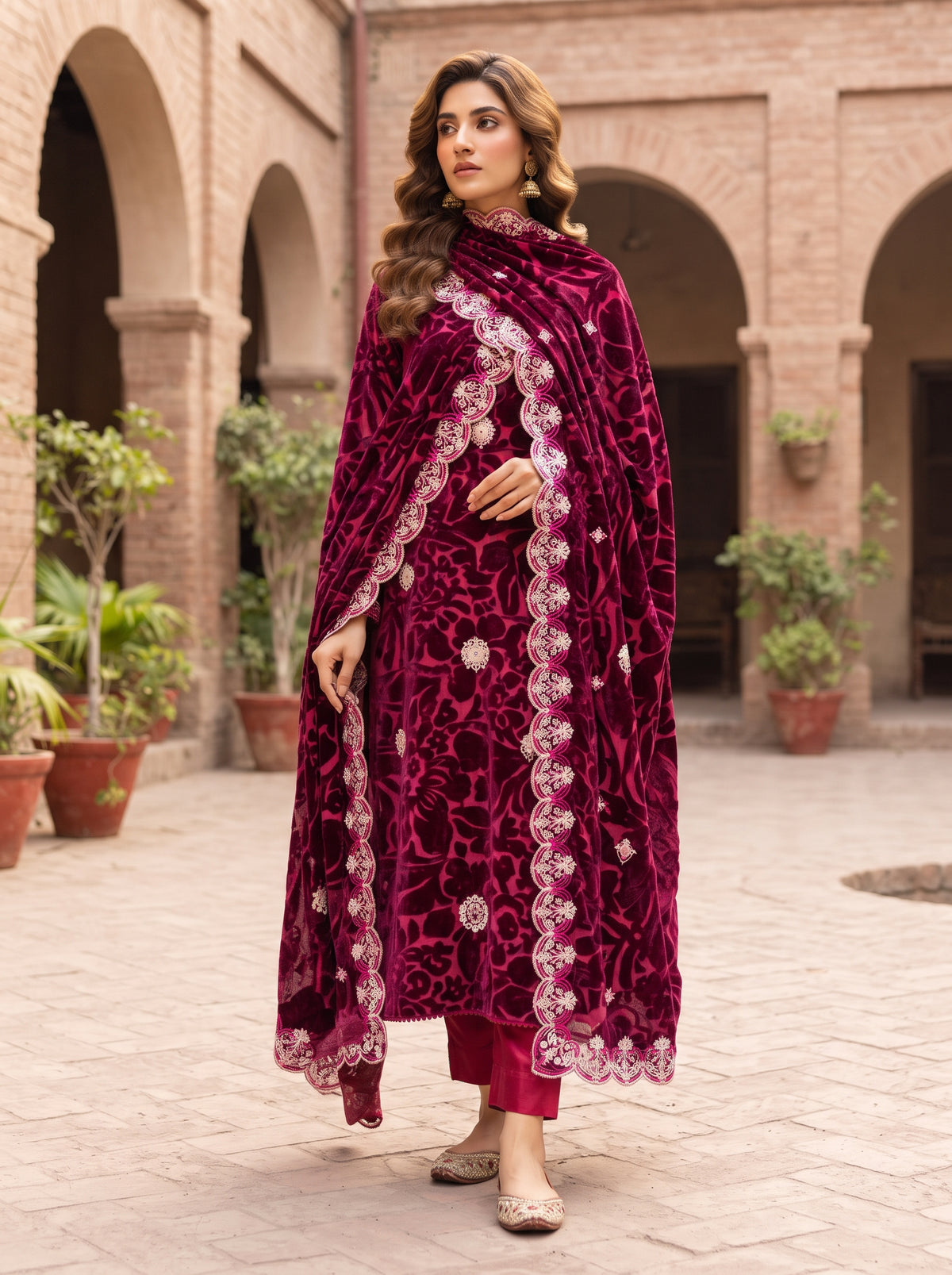 Deep Magenta Embroidered 3 Piece Unstitched Suit | Luxury Formal Wear