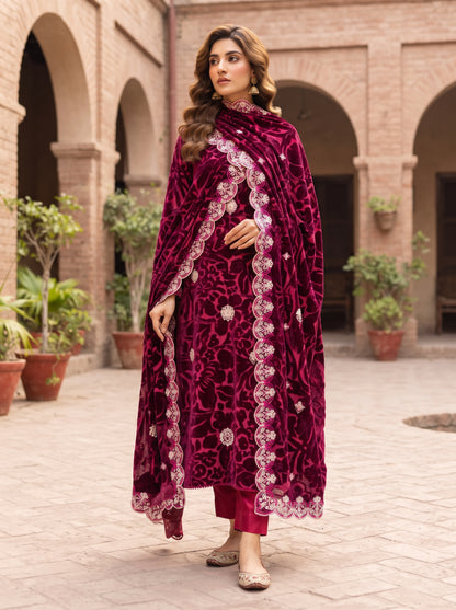 Deep Magenta Embroidered 3 Piece Unstitched Suit | Luxury Formal Wear