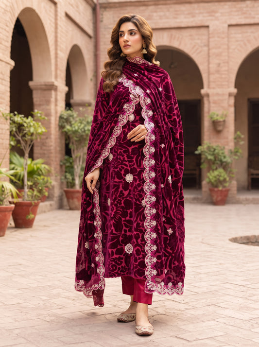 Deep Magenta Embroidered 3 Piece Unstitched Suit | Luxury Formal Wear