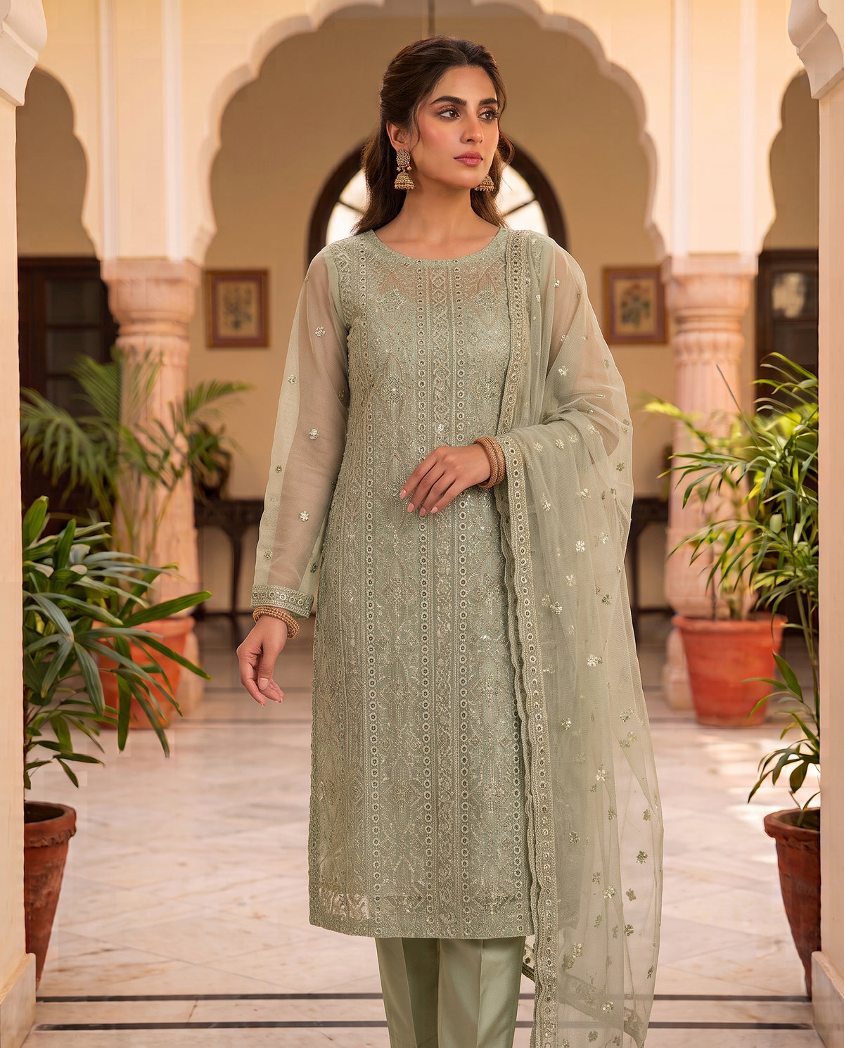 Unstitched 3-Piece Zari Masuri Cotton Net with Plain Silk Trouser